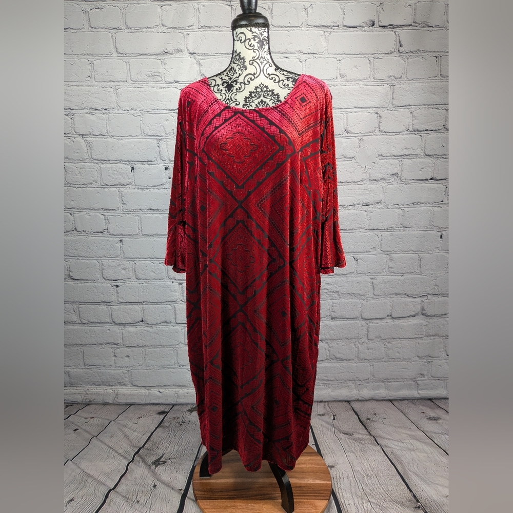 Catherine's Women's 3x Popover Burnout Print Dress Flared Sleeves Stretch B23
